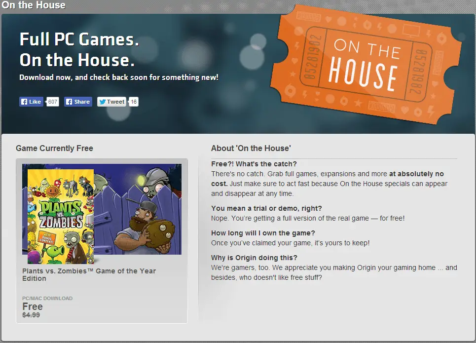 Plants vs Zombies free on PC & Mac from Origin's On the House program